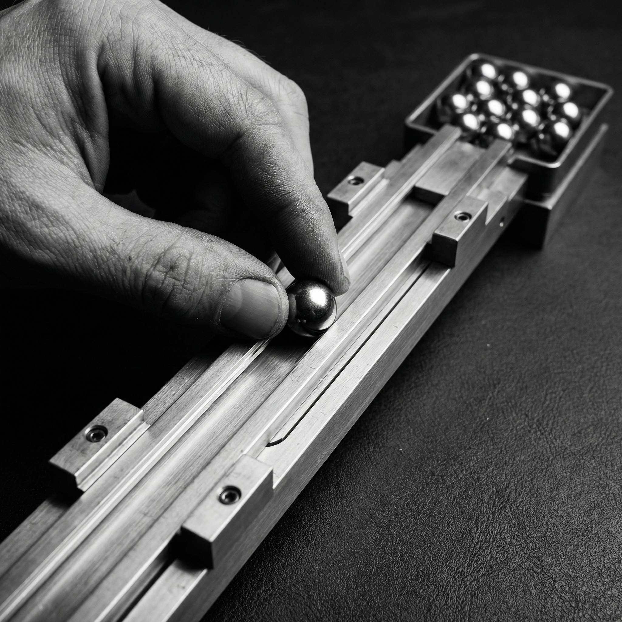 A hand moving one weighted marker along a calibrated metal allocation rail
